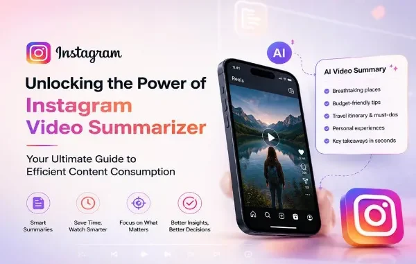 Promotional graphic titled "Unlocking the Power of Instagram Video Summarizer" showing a smartphone displaying an Instagram Reel alongside an AI-generated video summary bullet list.