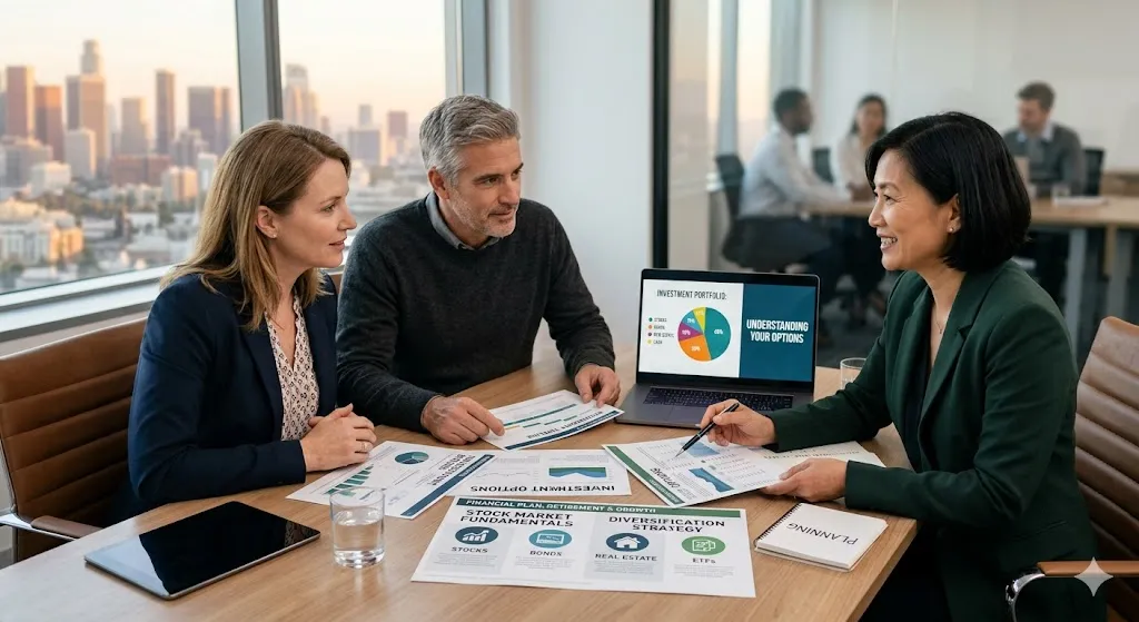 A professional financial advisor presenting a diversified investment portfolio and stock market fundamentals to a couple in a high-rise office.