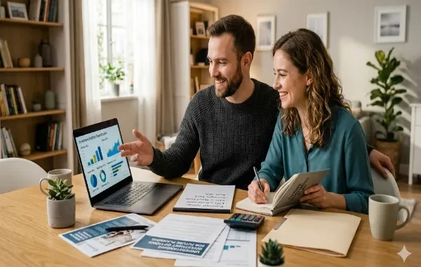 A smiling couple sitting at a wooden table reviewing financial growth charts on a laptop and taking notes in a "Future Investment Plan" notebook.