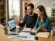 A smiling couple sitting at a wooden table reviewing financial growth charts on a laptop and taking notes in a "Future Investment Plan" notebook.