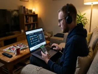 A man with headphones sitting on a sofa looking at the Jalalive TV football match schedule on his laptop while checking a sports betting app on his smartphone.