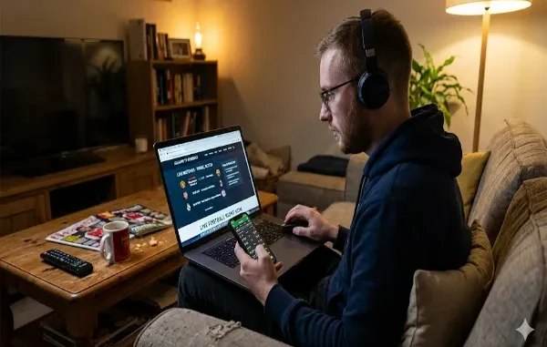 A man with headphones sitting on a sofa looking at the Jalalive TV football match schedule on his laptop while checking a sports betting app on his smartphone.