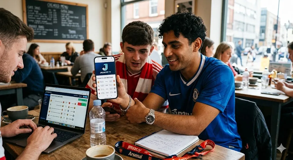 Three young football fans at a cafe table look at a smartphone and laptop displaying the Jalalive TV live match schedule today.