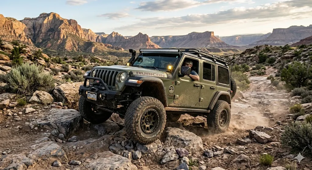 An army green Jeep Wrangler Rubicon crawling over large rocks on a dusty desert trail with massive canyon walls in the background.