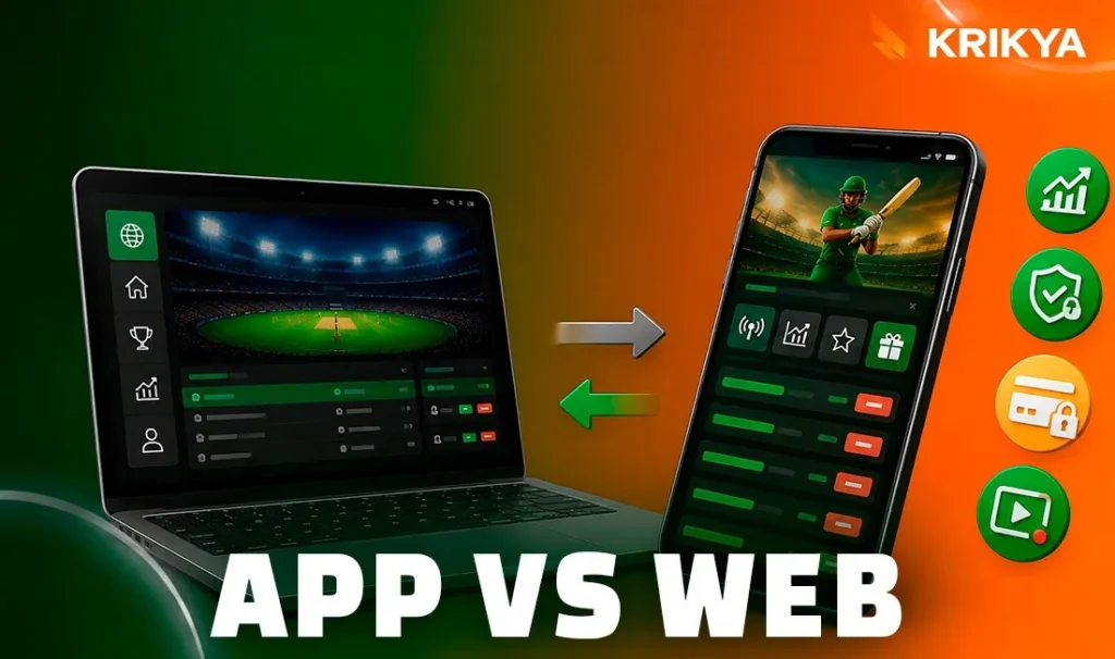 A side-by-side comparison of the Krikya online betting interface on a laptop and a smartphone, highlighting the differences between the web platform and the mobile app for users in Bangladesh.