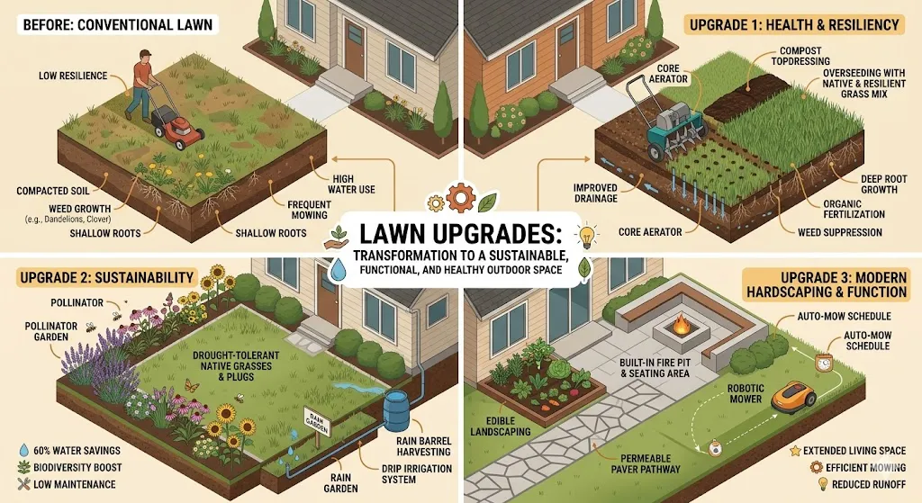 An isometric infographic diagram showing four stages of a lawn transformation from a conventional, patchy lawn to sustainable, high-ROI upgrades including soil aeration, a pollinator and rain garden, and modern hardscaping with an outdoor seating area.