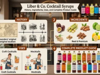 An infographic detailing Liber & Co. cocktail syrups across four sections: History, featuring a vintage map and timeline; Ingredients, showing passion fruit, sugarcane, almonds, and citrus; Uses, illustrating craft cocktails and mocktails preparation; and a Complete Product Guide showcasing a variety of bottled syrups.