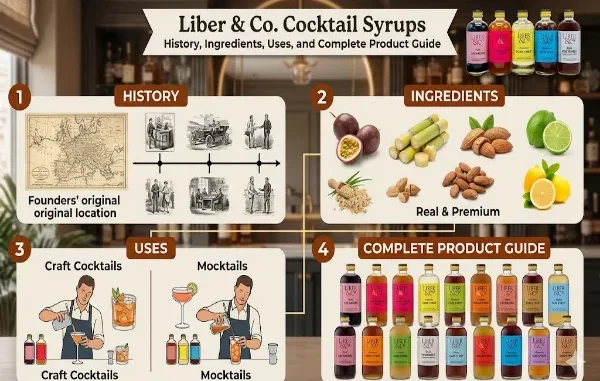 An infographic detailing Liber & Co. cocktail syrups across four sections: History, featuring a vintage map and timeline; Ingredients, showing passion fruit, sugarcane, almonds, and citrus; Uses, illustrating craft cocktails and mocktails preparation; and a Complete Product Guide showcasing a variety of bottled syrups.