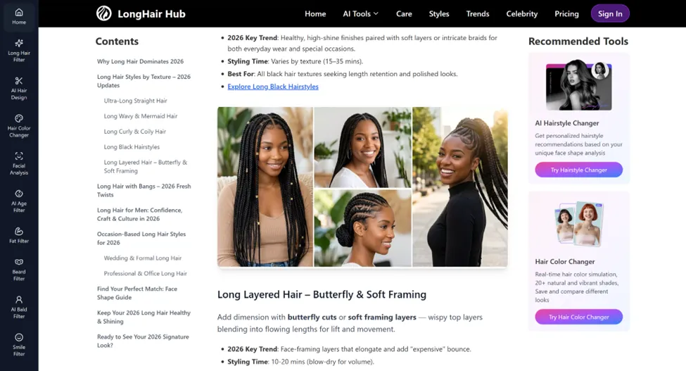 Desktop view of LongHair Hub website featuring AI hairstyle tools, a sidebar with filters like 'Hair Color Changer' and 'Facial Analysis', and a gallery of long black hairstyles including braids and updos.