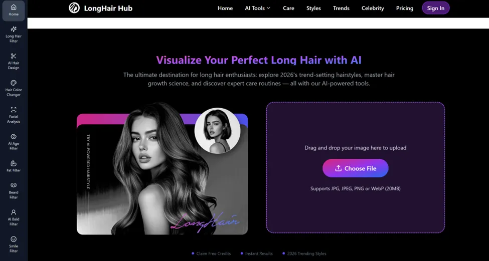 A screenshot of the LongHair Hub website interface featuring an AI-powered "Visualize Your Perfect Long Hair" tool with an image upload section and a side-by-side demonstration of a short-to-long hair transformation.