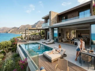 A luxury two-story modern vacation villa overlooking the ocean, featuring an infinity pool, outdoor dining area, and spacious open-plan living room with people relaxing.