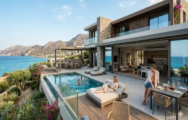A luxury two-story modern vacation villa overlooking the ocean, featuring an infinity pool, outdoor dining area, and spacious open-plan living room with people relaxing.
