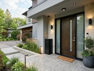 A newly installed modern dark wood impact front door with integrated frosted glass panels, a smart lock, and sturdy black framing on a contemporary stone and stucco home facade.