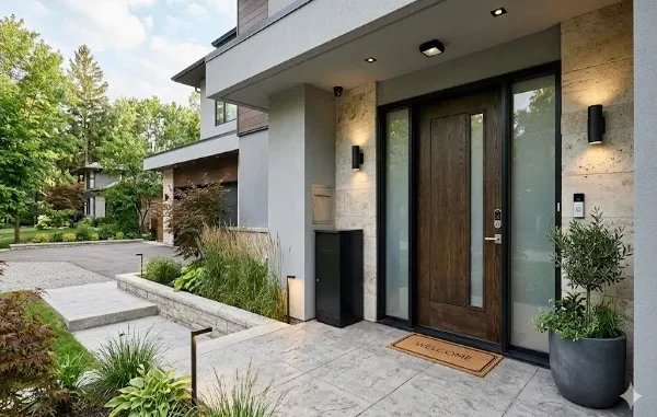 A newly installed modern dark wood impact front door with integrated frosted glass panels, a smart lock, and sturdy black framing on a contemporary stone and stucco home facade.