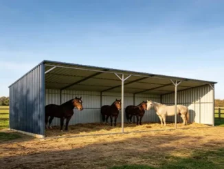 Four horses standing inside a large, three-sided metal run-in shed with a sloped roof and straw bedding in a green pasture.