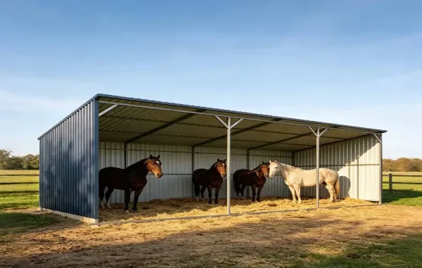 Four horses standing inside a large, three-sided metal run-in shed with a sloped roof and straw bedding in a green pasture.