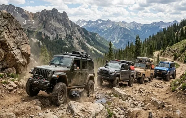 A convoy of equipped off-road vehicles, including a Jeep Wrangler, Toyota Tacoma, Land Rover Defender, and Ford Bronco, navigating a steep, rocky mountain trail under a cloudy sky.