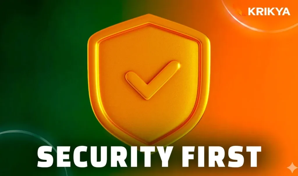 A golden shield icon with a checkmark centered on a green and orange background, featuring the text 'SECURITY FIRST' and the Krikya logo.