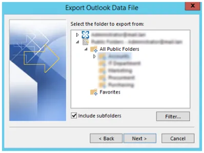 Screenshot of the Export Outlook Data File window in Microsoft Outlook showing the selection of "All Public Folders" for export, with the "Include subfolders" checkbox enabled.
