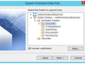 A screenshot of the "Export Outlook Data File" wizard in Microsoft Outlook, showing the "All Public Folders" directory selected for export with the "Include subfolders" checkbox enabled.