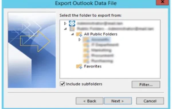 A screenshot of the "Export Outlook Data File" wizard in Microsoft Outlook, showing the "All Public Folders" directory selected for export with the "Include subfolders" checkbox enabled.