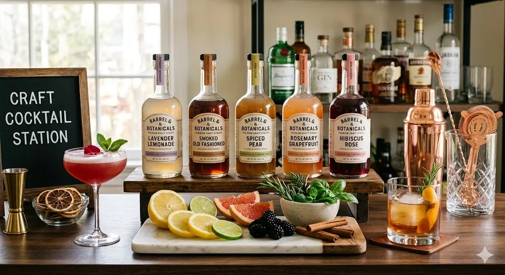 Premium craft cocktail syrups displayed alongside fresh fruit, herbs, and classic cocktails on a home bar.