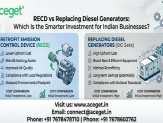 An infographic by Aceget titled "RECD vs Replacing Diesel Generators: Which Is the Smarter Investment for Indian Businesses?" comparing Retrofit Emission Control Devices (RECD) with low initial investment against replacing Diesel Generators (DG Sets) with high initial investment.