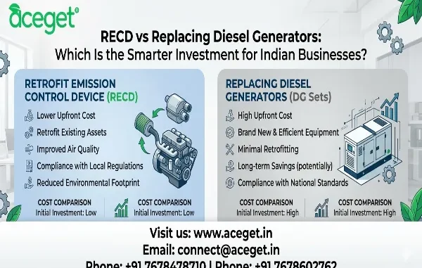 An infographic by Aceget titled "RECD vs Replacing Diesel Generators: Which Is the Smarter Investment for Indian Businesses?" comparing Retrofit Emission Control Devices (RECD) with low initial investment against replacing Diesel Generators (DG Sets) with high initial investment.