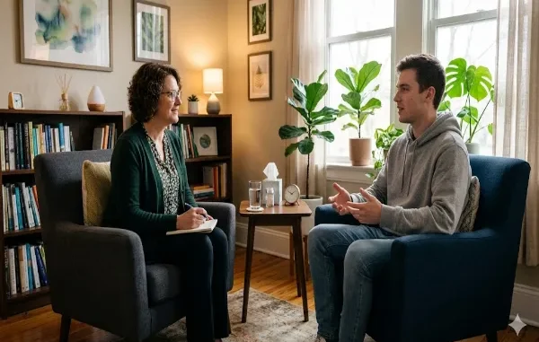 A young man in a gray hoodie speaks with a supportive female therapist during a residential treatment session in a warm, sunlit Los Angeles facility.