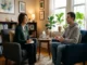 A young man in a gray hoodie speaks with a supportive female therapist during a residential treatment session in a warm, sunlit Los Angeles facility.