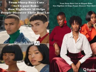 A split-screen promotional image for Righthair AI showing a diverse group of men and women with sharp buzz cuts and elegant chin-length bobs, posing in stylish autumn fashion.
