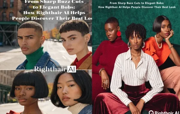 A split-screen promotional image for Righthair AI showing a diverse group of men and women with sharp buzz cuts and elegant chin-length bobs, posing in stylish autumn fashion.