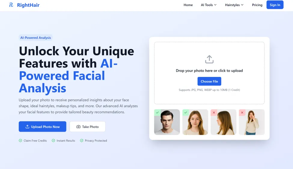 The RightHair website homepage showing an "AI-Powered Facial Analysis" tool that allows users to upload photos for personalized hairstyle and makeup recommendations.