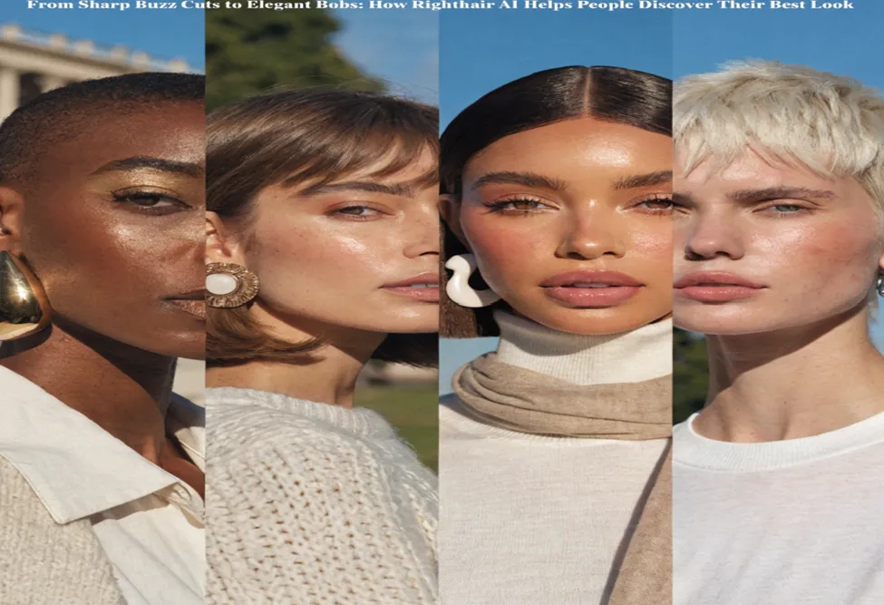 A horizontal split-screen image showing four diverse individuals with different hairstyles: a sharp buzz cut, a bob with bangs, a sleek center-parted bob, and a textured platinum blonde pixie cut.