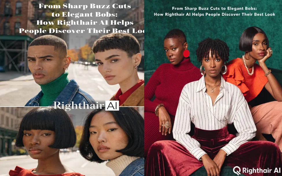 A collage of models showcasing diverse hairstyles including sharp buzz cuts, textured natural hair, and elegant bobs, promoting Righthair AI’s virtual styling technology.