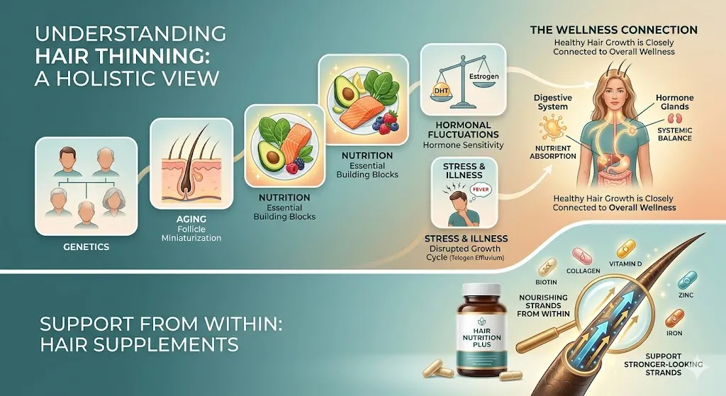 An educational infographic titled "Understanding Hair Thinning: A Holistic View." The top section illustrates a pathway of factors causing hair thinning, including Genetics, Aging (follicle miniaturization), Nutrition, Hormonal Fluctuations (DHT vs. Estrogen), and Stress & Illness (Telogen Effluvium). It connects these to systemic balance, showing a woman's digestive system and hormone glands. The bottom section, titled "Support From Within: Hair Supplements," features a "Hair Nutrition Plus" bottle alongside key nutrients like Biotin, Collagen, Vitamin D, Zinc, and Iron, illustrating how they nourish hair strands from within to support stronger growth.
