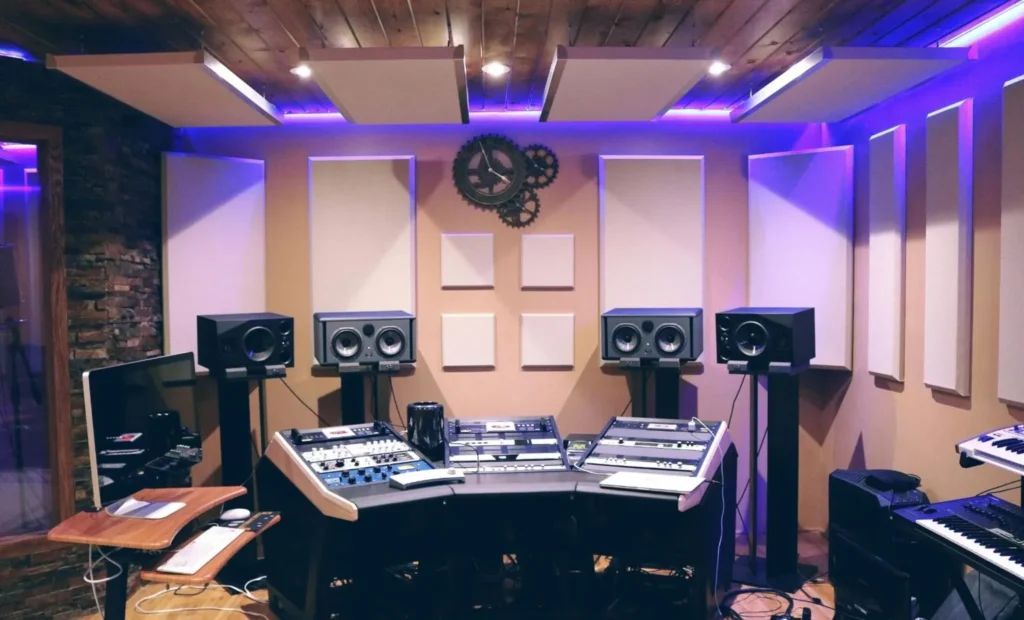 A professionally designed workspace featuring sound-absorbing wall panels, ceiling clouds, and high-end audio equipment with ambient purple LED lighting.