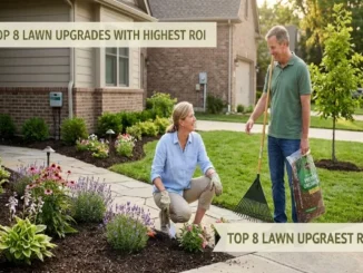 A smiling couple working on their front yard landscaping next to a stone walkway. The woman is kneeling in a flower bed filled with lavender and coneflowers, holding a trowel, while the man stands nearby holding a lawn rake and a bag of premium organic mulch.