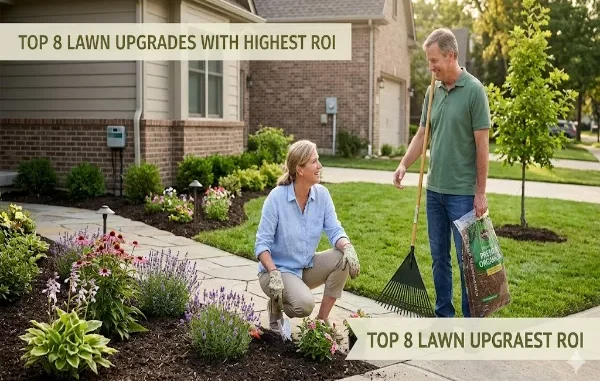 A smiling couple working on their front yard landscaping next to a stone walkway. The woman is kneeling in a flower bed filled with lavender and coneflowers, holding a trowel, while the man stands nearby holding a lawn rake and a bag of premium organic mulch.