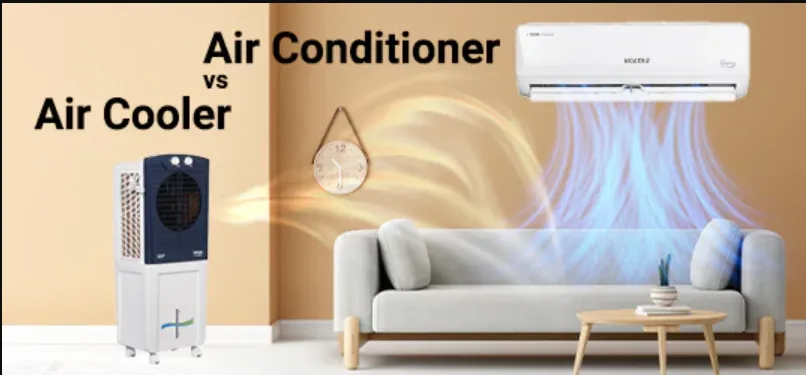 A visual comparison between a portable tower air cooler and a wall-mounted split air conditioner in a modern Indian living room setting.