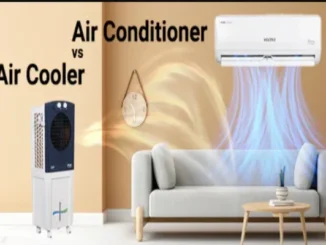 Graphic comparing an evaporative air cooler and a split air conditioner cooling a living room setup, highlighting the difference between a tower cooler and an AC for Indian homes.