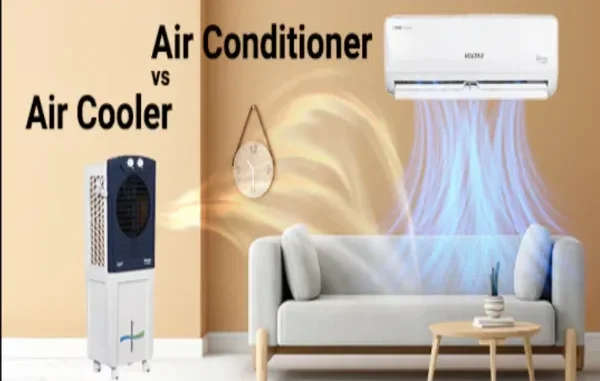 Graphic comparing an evaporative air cooler and a split air conditioner cooling a living room setup, highlighting the difference between a tower cooler and an AC for Indian homes.