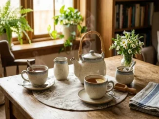 A cozy tea setting on a rustic wooden table featuring a speckled ceramic Chinese tea set with a teapot, two steaming cups, a creamer, and a sugar bowl alongside a vase of daisies.