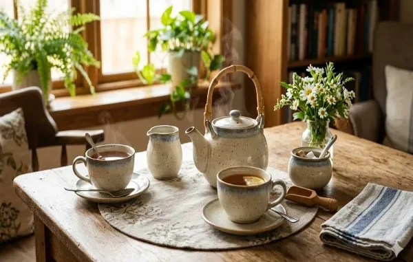 A cozy tea setting on a rustic wooden table featuring a speckled ceramic Chinese tea set with a teapot, two steaming cups, a creamer, and a sugar bowl alongside a vase of daisies.