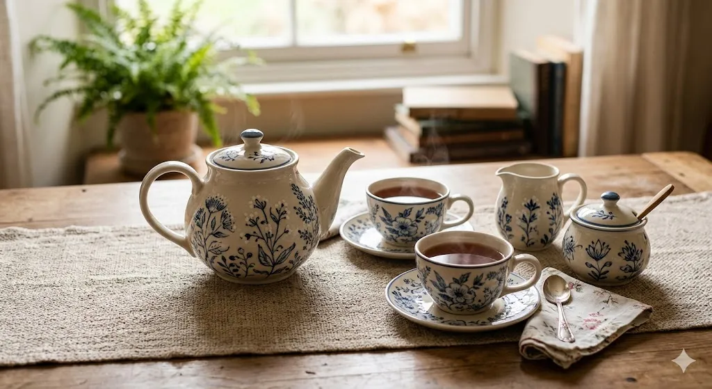 A traditional ceramic Chinese tea set with blue floral patterns, featuring a steaming teapot, two teacups with saucers, a milk creamer, and a sugar bowl arranged on a rustic wooden table for a travel guide feature.