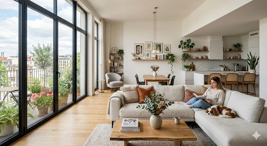 A bright, open-concept vacation rental living room featuring a large beige sectional sofa where a woman reads a book next to her dog, looking out through floor-to-ceiling windows onto a balcony with potted plants.