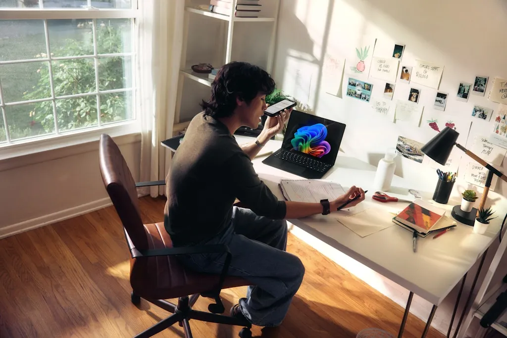 A young man sits at a bright desk, recording a voice message on his smartphone while working on a laptop with notebooks and reference materials spread out.