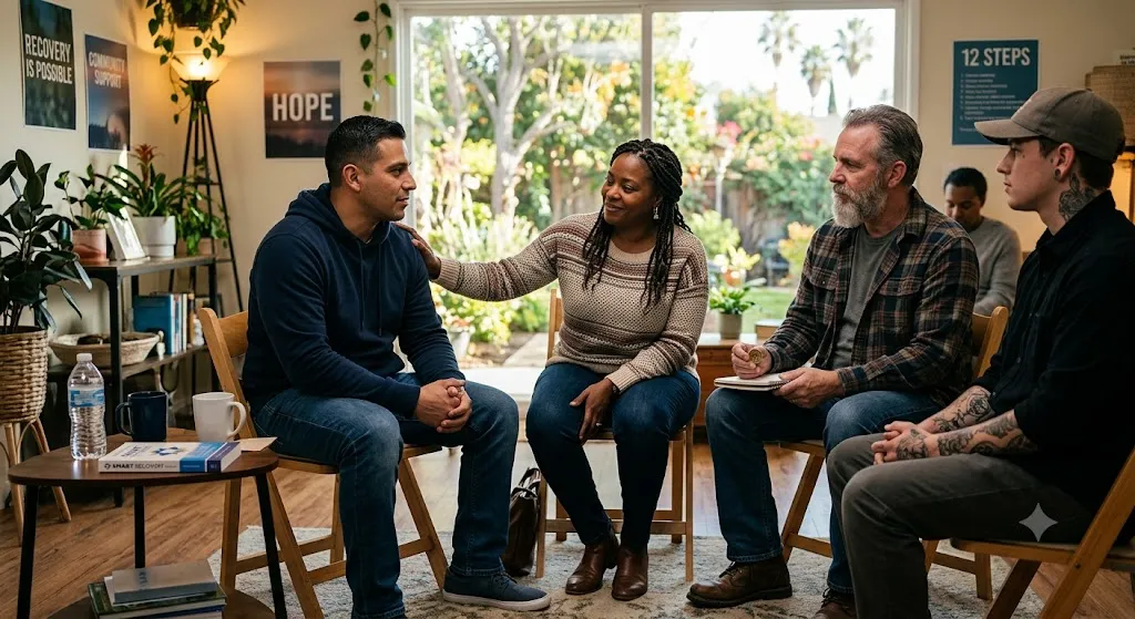 A group of five people are sitting in a circle in a warm, inviting room with natural light from a large window. They are participating in a recovery support group meeting. The group is diverse in age and background, and they are engaged in conversation, offering each other support and encouragement. There are plants, coffee mugs, and posters on the wall that read "Recovery is Possible," "Hope," and "12 Steps."