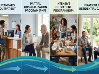 A four-panel infographic illustrating the continuum of addiction treatment care from left to right: standard outpatient check-in, a partial hospitalization program (PHP) therapy session, an intensive outpatient program (IOP) group workshop, and inpatient residential care in a comfortable room. A blue and green wave graphic with arrows runs along the bottom to show progression.