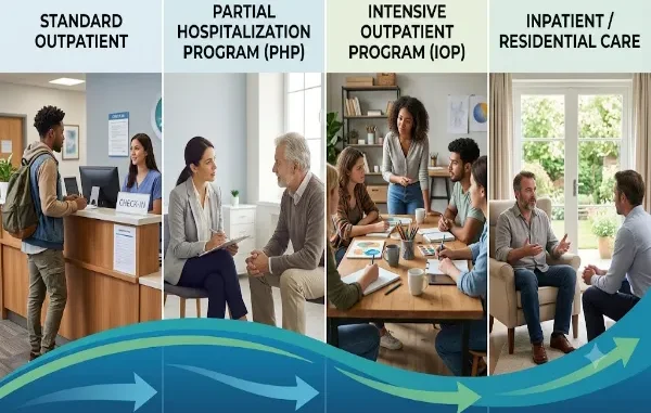 A four-panel infographic illustrating the continuum of addiction treatment care from left to right: standard outpatient check-in, a partial hospitalization program (PHP) therapy session, an intensive outpatient program (IOP) group workshop, and inpatient residential care in a comfortable room. A blue and green wave graphic with arrows runs along the bottom to show progression.